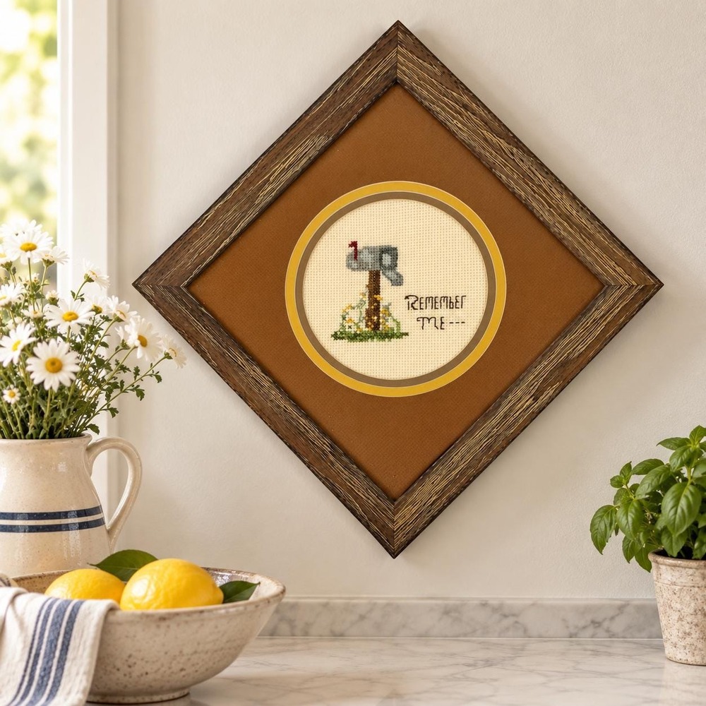 Framed Cross Stitch Sampler Remember Me Mailbox Wall Art Rustic Cottage Decor
